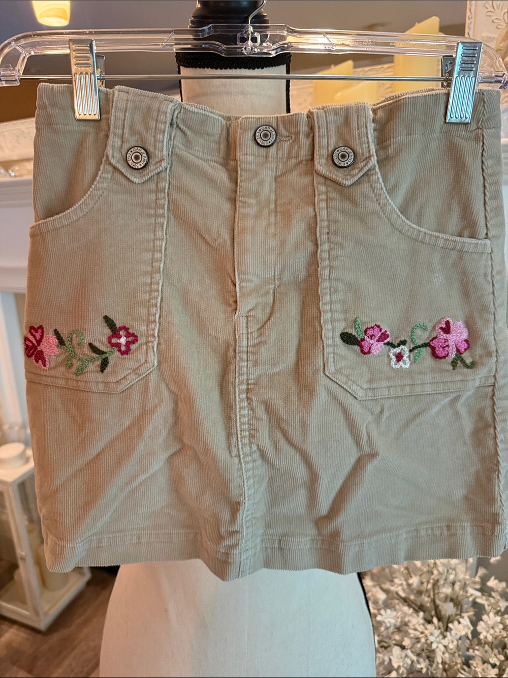 GAP Girls Tan Cord Skirt with Pink Floral Embroidery